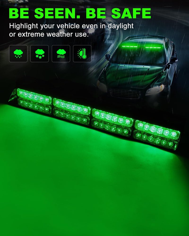 HLauto 6Z4J Emergency Dash Strobe Lights: 2x16.8 inch Green Safety Lights, 48 LED Flashing Warning Hazard Interior Windshield Visor Traffic Light Bar for Trucks, Construction Vehicles - Image 3